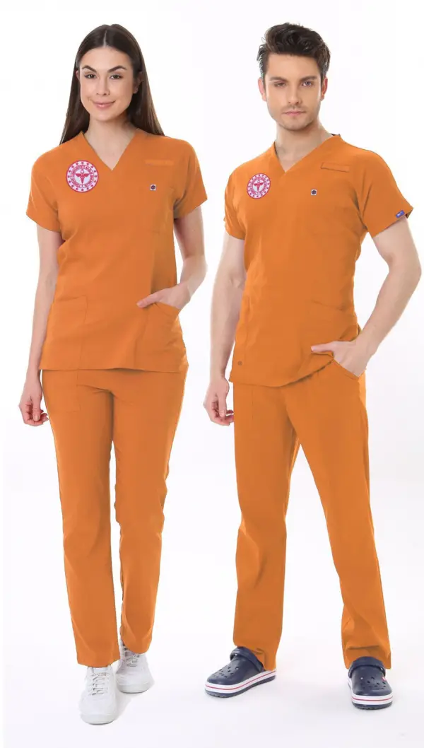 TURUNCU KLİNİK DESTEK İŞÇİ FORMASI LİKRALI SCRUBS TAKIM (ORANGE OCHRE)