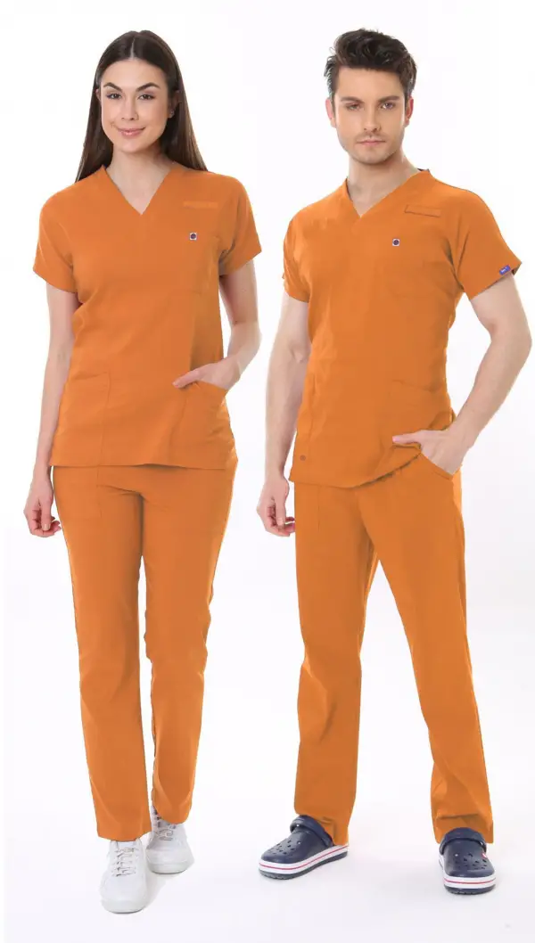 TURUNCU KLİNİK DESTEK İŞÇİ FORMASI LİKRALI SCRUBS TAKIM (ORANGE OCHRE)