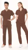 KAHVERENGİ HASTANE FORMASI LİKRALI SCRUBS TAKIM (FRIAR BROWN)