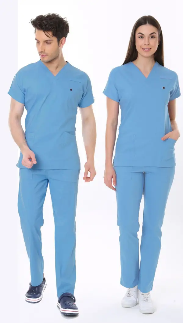 ALASKA MAVİSİ DOKTOR HEKİM FORMASI LİKRALI SCRUBS TAKIM (ALASKAN BLUE)